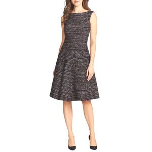 Talbot Runhof Luxe Dress Blue Boucle Boat Neck Fit And Flare Sleeveless Size 6